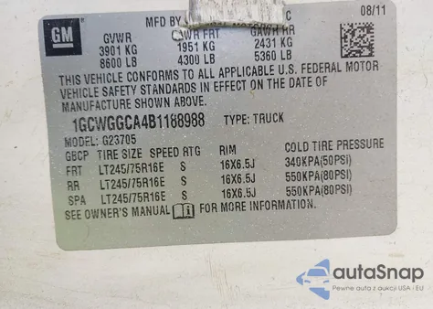 2011 Chevrolet Express 2500 Work Van z USA, uszkodzony, nr VIN 1GCWGGCA4B1188988